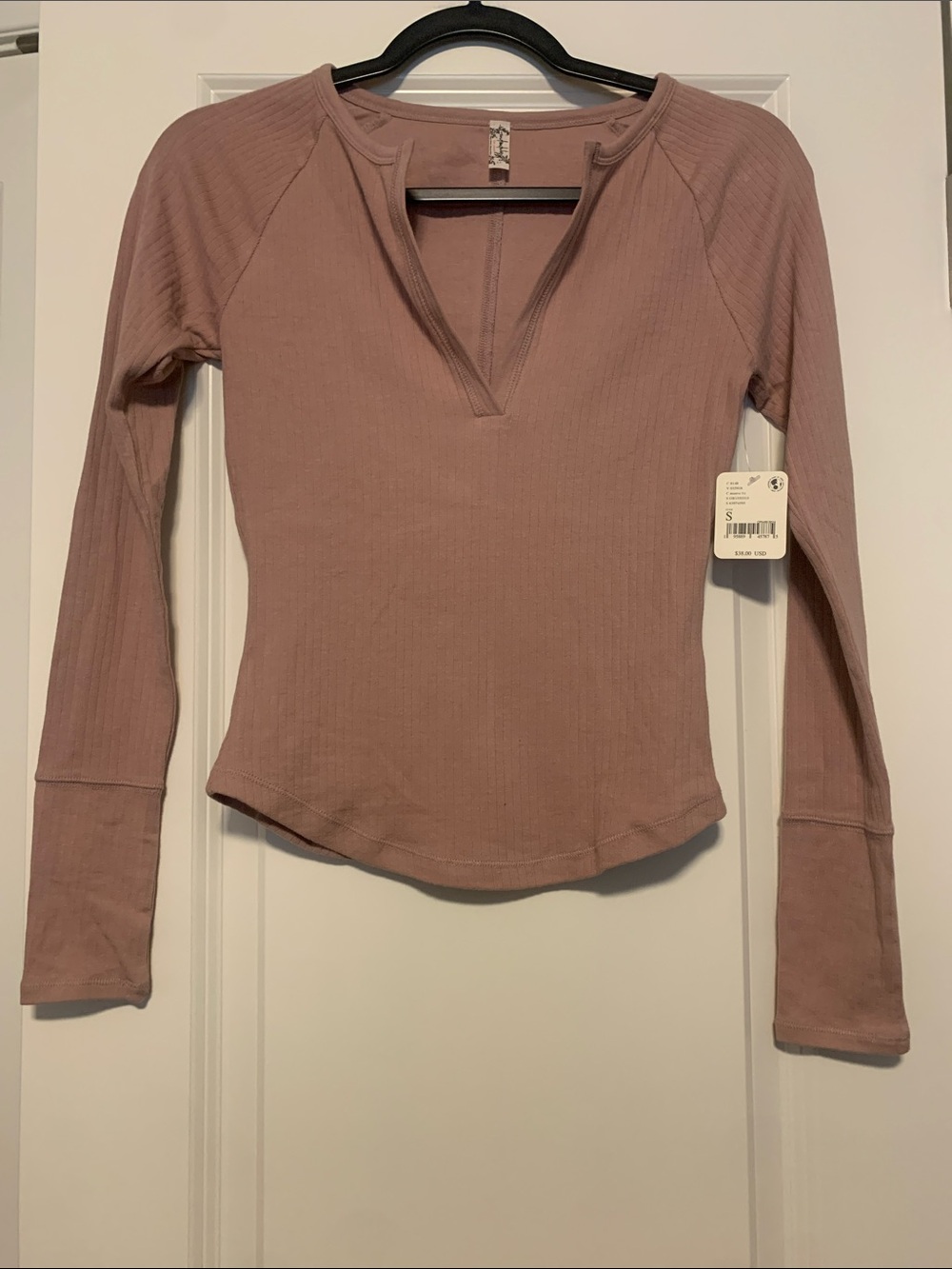 Free People Intimately Mauve Ribbed V-Notch Long Sleeve Top, Sz S, NWT